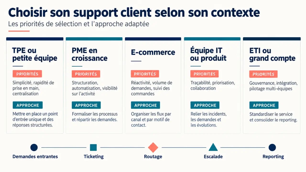 Infographie sur la gestion du support client selon la taille et le type d'organisation