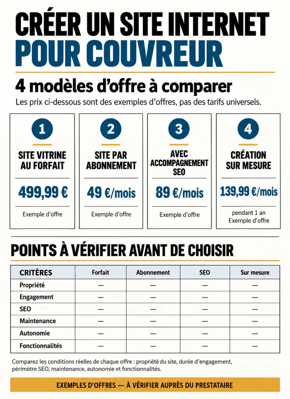 Infographie comparative des solutions de site internet couvreur et de leurs tarifs