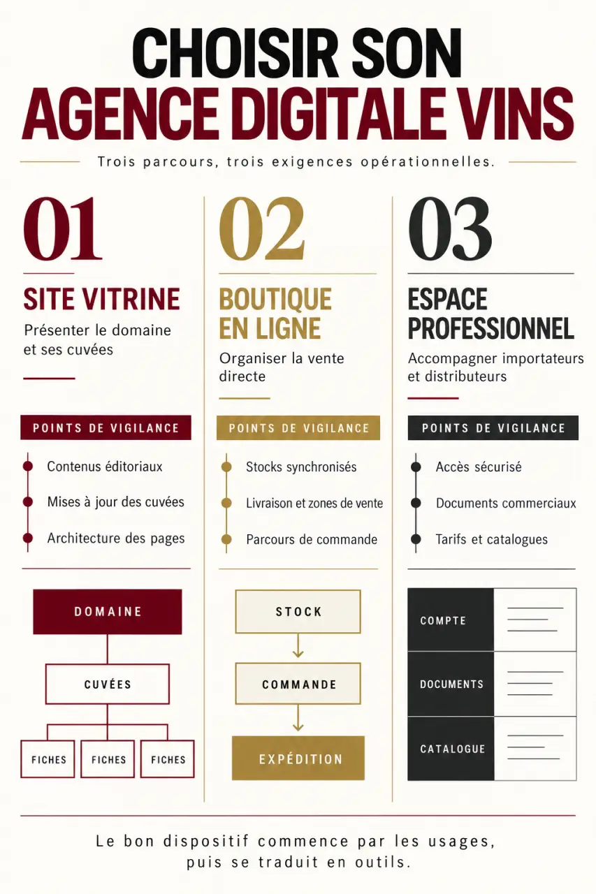 Infographie sur les choix d'une agence digitale vins selon les besoins d'un domaine viticole