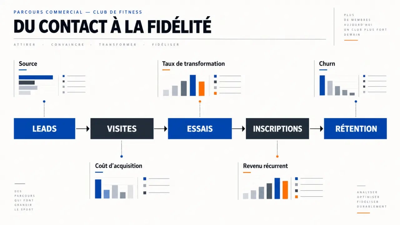 Infographie sur la stratégie commerciale club de fitness, du lead à la fidélisation des adhérents
