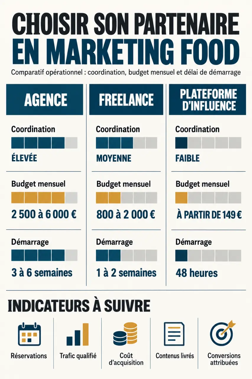 Agence marketing food, freelance ou plateforme d'influence : comparaison des budgets, délais et indicateurs