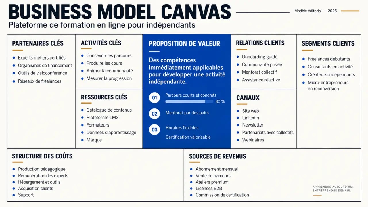 Business Model Canvas exemple rempli pour une plateforme de formation en ligne