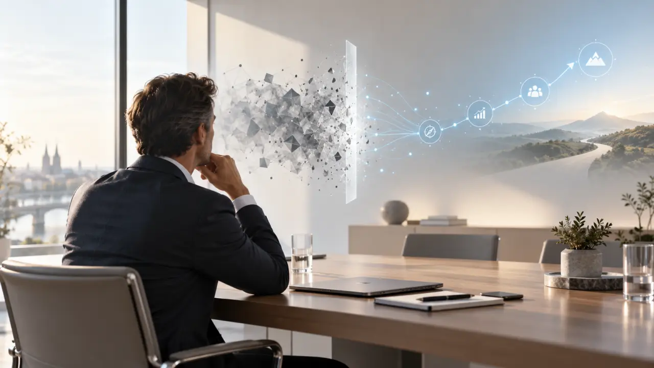 Dirigeante de PME analysant une stratégie d'intelligence artificielle sur un écran