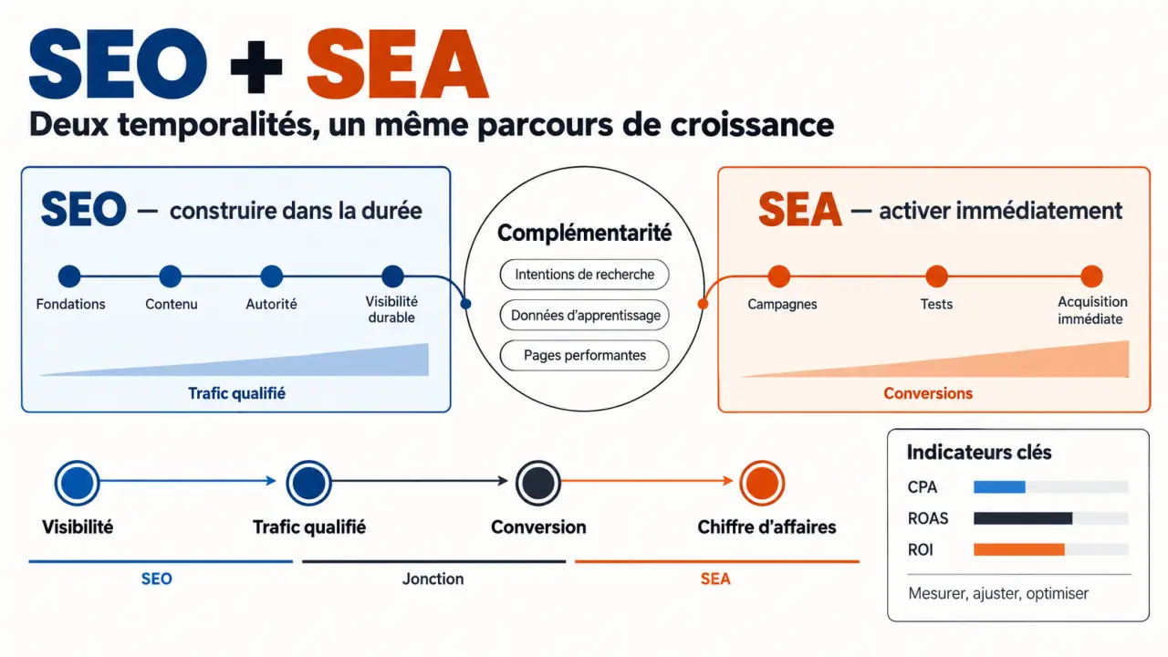 Agence de search marketing : visualisation de la complémentarité entre SEO, SEA et conversion
