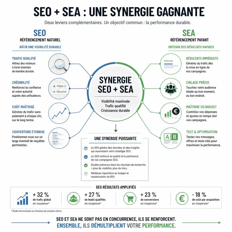 Schéma illustrant la synergie entre agence SEM SEO, référencement naturel et publicité payante